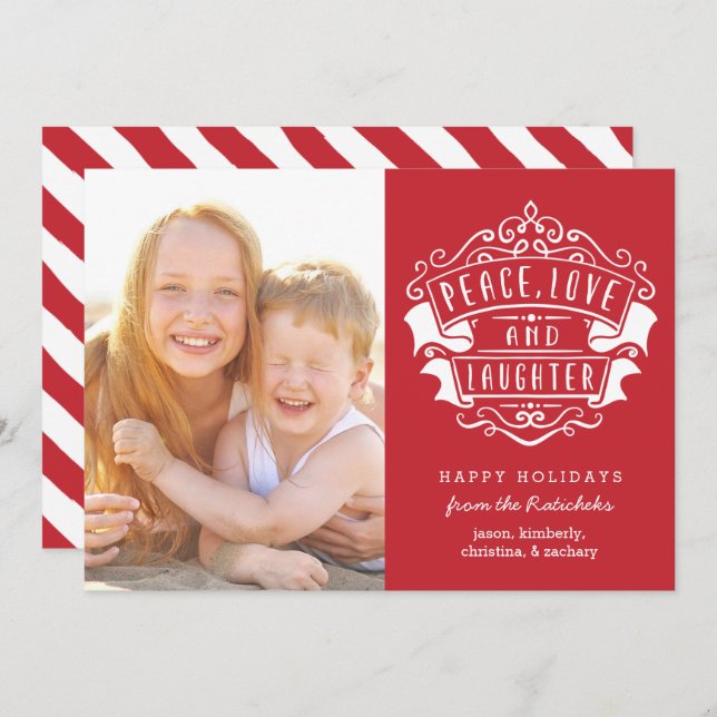 Cartes Pour Fêtes Annuelles Photo moderne de paix, d'amour et de rire | Rouge (Devant / Derrière)