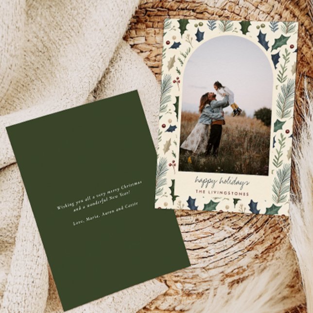 Cartes Pour Fêtes Annuelles Photo moderne Green Holly & Pine Feuille Arch (Créateur téléchargé)