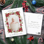 Cartes Pour Fêtes Annuelles Photo moderne Joyeux Noël Rouge Poinsettias<br><div class="desc">Des poinsettias rouges et de la verdure sur une photo moderne blanche de Noël saluant la carte postale avec le texte "Joyeux Noël",  votre nom de famille,  et l'année. Contactez-moi pour obtenir de l'aide sur la personnalisation ou pour demander des produits correspondants ou coordonnés.</div>