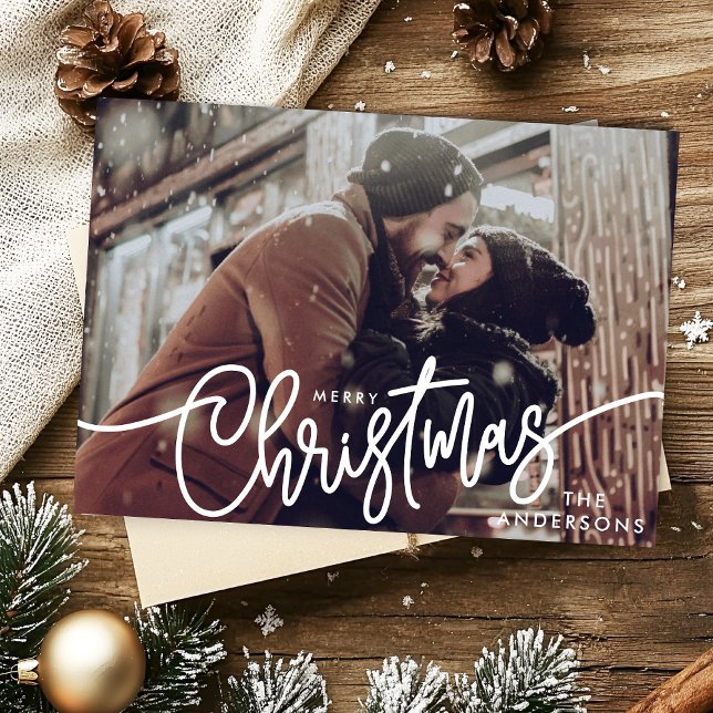 Cartes Pour Fêtes Annuelles Photo moderne Joyeux Noël Script Horizontal (Créateur téléchargé)