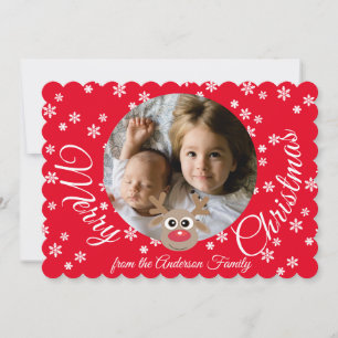 Cartes Pour Fêtes Annuelles Photo Noël Rouge Cute Reindeer Blanc Script