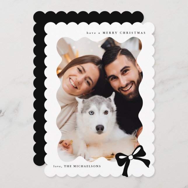 Cartes Pour Fêtes Annuelles Photo Noir et blanc Noël Simple Bow (Devant / Derrière)