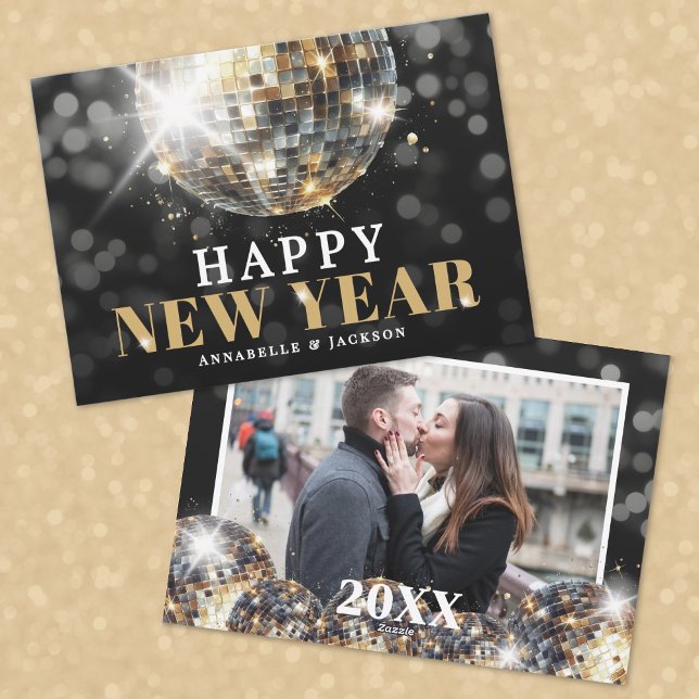 Cartes Pour Fêtes Annuelles Photo Or Bonne Année (Photo Black Gold Happy New Year Holiday Card
)