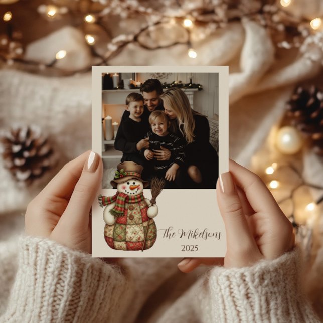 Cartes Pour Fêtes Annuelles Photo Patchwork Rustique Bonhomme de Neige Noël (Créateur téléchargé)