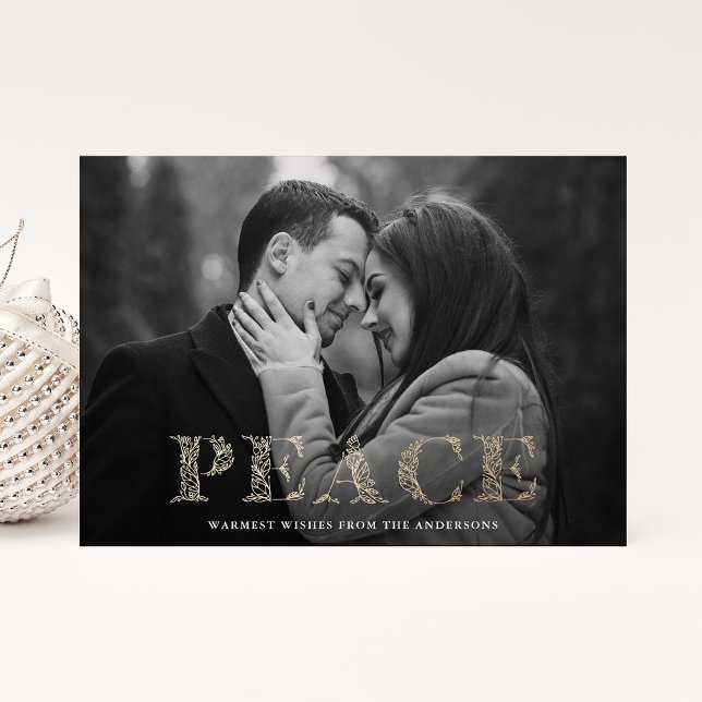 Cartes Pour Fêtes Annuelles Photo Peace Golden Winter Floral Lettering (Créateur téléchargé)