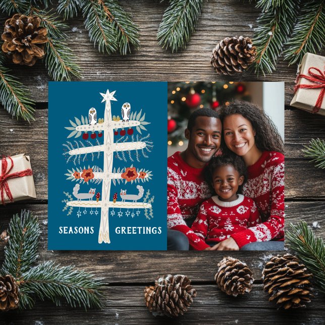 Cartes Pour Fêtes Annuelles PHOTO PERSONNALISÉE D'Arbre Dessiné À La Main Joye (SEASONS GREETINGS Hand Drawn Tree CUSTOM PHOTO Holiday Card
)