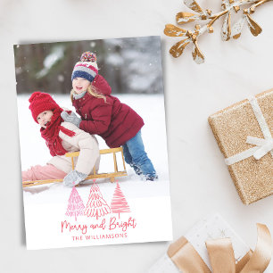 Cartes Pour Fêtes Annuelles Photo personnalisée Joyeux Arbres rouges rose vif