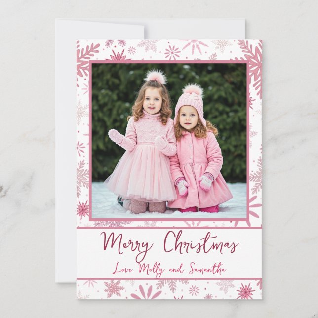 Cartes Pour Fêtes Annuelles Photo personnalisée Pink Snowflakes voeux de Noël (Devant)