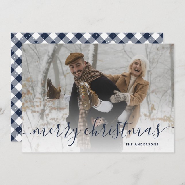 Cartes Pour Fêtes Annuelles Photo Plaid En vichy bleu Joyeux Noël (Devant / Derrière)
