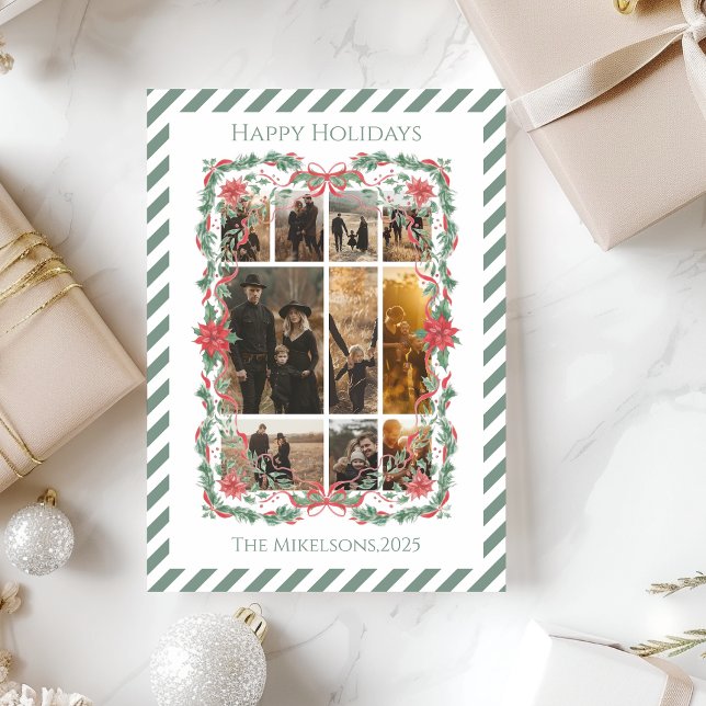 Cartes Pour Fêtes Annuelles Photo Poinsettia Botanical Stripe Christmas (Créateur téléchargé)
