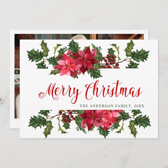 Cartes Pour Fêtes Annuelles PHOTO Poinsettia Mistletoe voeux de Noël (Devant / Derrière)