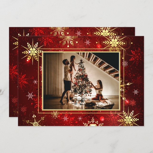 Cartes Pour Fêtes Annuelles Photo Red Gold Snowflake Noël Noël Noël Noël (Devant / Derrière)