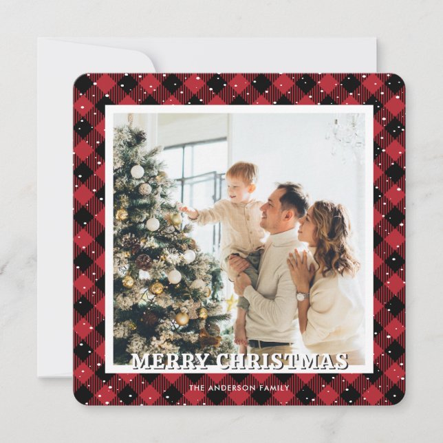 Cartes Pour Fêtes Annuelles Photo Red Plaid Neige Joyeux Noël (Devant)