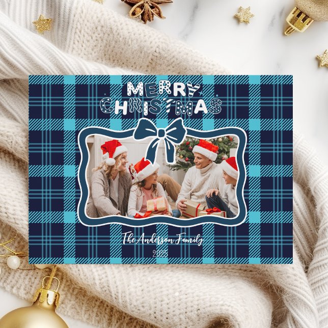 Cartes Pour Fêtes Annuelles Photo Retro Blue Plaid Whimsical Christmas (Créateur téléchargé)