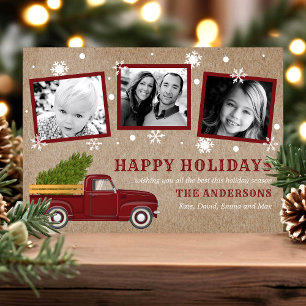 Cartes Pour Fêtes Annuelles Photo rétro de camion rouge vintage avec sapin de 