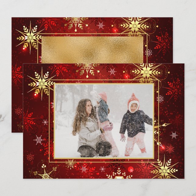Cartes Pour Fêtes Annuelles Photo Rouge Flocon de Neige Or Noël Fête (Devant / Derrière)