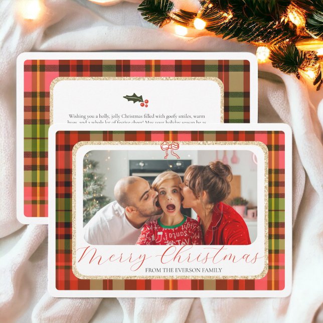 Cartes Pour Fêtes Annuelles Photo Rouge or traditionnel Joyeux Noël (Traditional Gold Red Plaid Photo Merry Christmas Holiday Card)