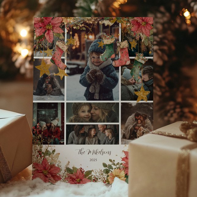 Cartes Pour Fêtes Annuelles Photo Rustic Stockings et Poinsettias Noël (Créateur téléchargé)