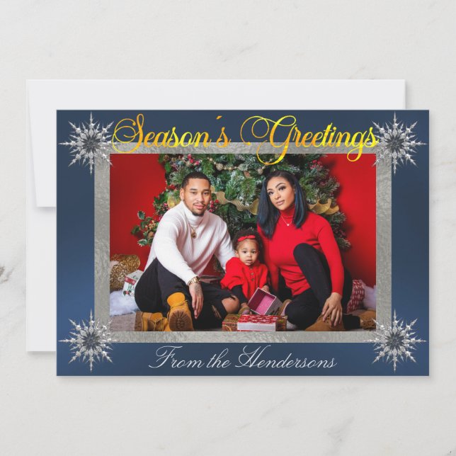 Cartes Pour Fêtes Annuelles Photo Silver Border & Snowflakes sur Blue (Devant)
