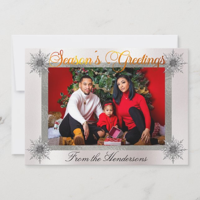 Cartes Pour Fêtes Annuelles Photo Silver Border & Snowflakes sur Pearl (Devant)