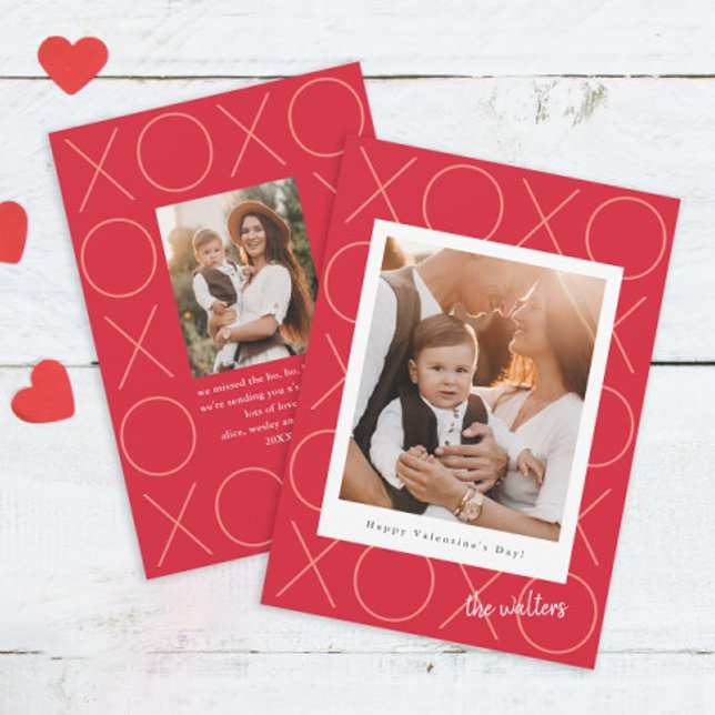 Cartes Pour Fêtes Annuelles Photo simple moderne XOXO Frame Photo Saint-Valent (Modern double sided 2 photo valentine's day card with XOXO border and script names.)