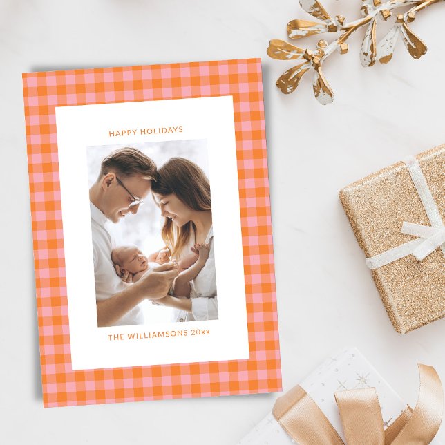 Cartes Pour Fêtes Annuelles Photo vertical amusant et mignon à carreaux rose o (Créateur téléchargé)