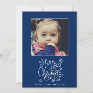 Cartes Pour Fêtes Annuelles Photo Whimsical Christmas Blue Calligraphy Swirl