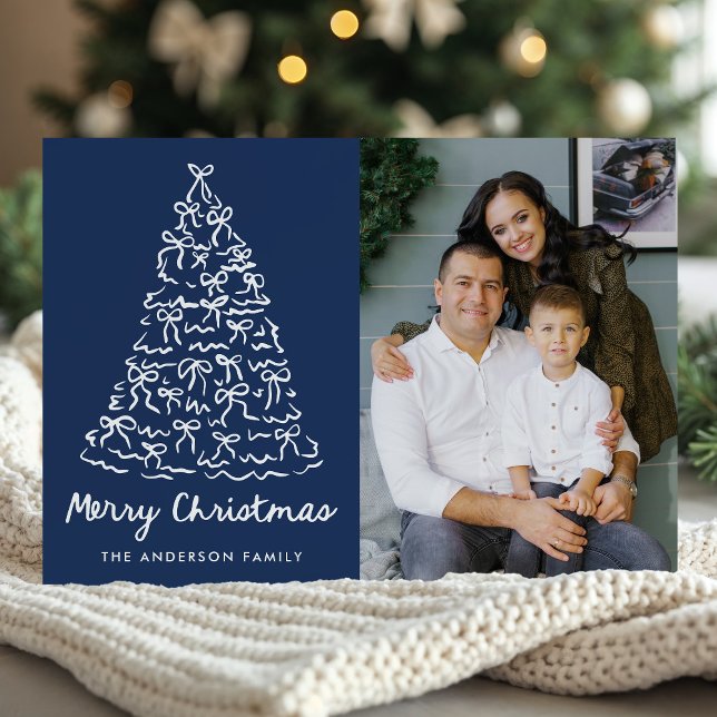 Cartes Pour Fêtes Annuelles Photo Whimsical Christmas Tree Bows Navy (Créateur téléchargé)
