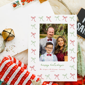 Cartes Pour Fêtes Annuelles Photo Whimsical Green & Red Hand Drawing Bows Fram