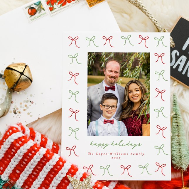 Cartes Pour Fêtes Annuelles Photo Whimsical Green & Red Hand Drawing Bows Fram (Créateur téléchargé)