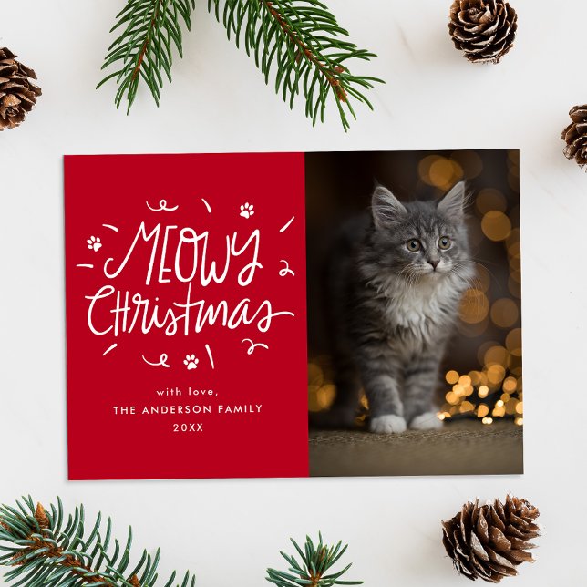 Cartes Pour Fêtes Annuelles Photo Whimsical Meowy Christmas Red Cat (Créateur téléchargé)