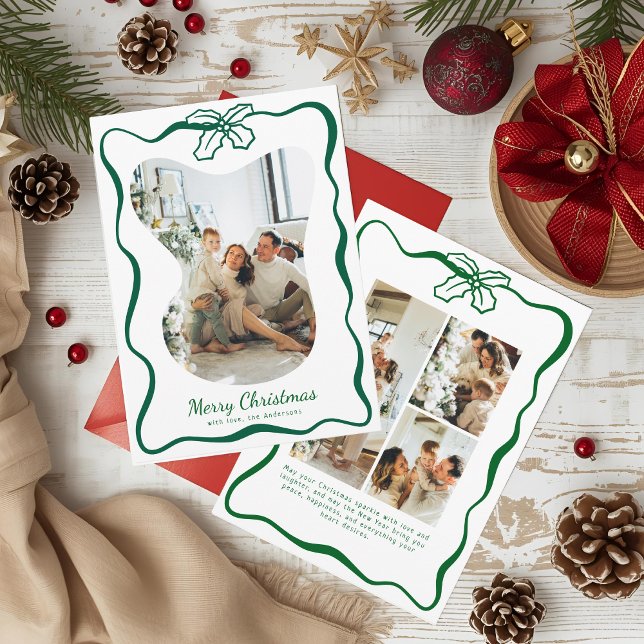 Cartes Pour Fêtes Annuelles Photo Whimsical Vert Doodle Poinsettia Noël (Créateur téléchargé)