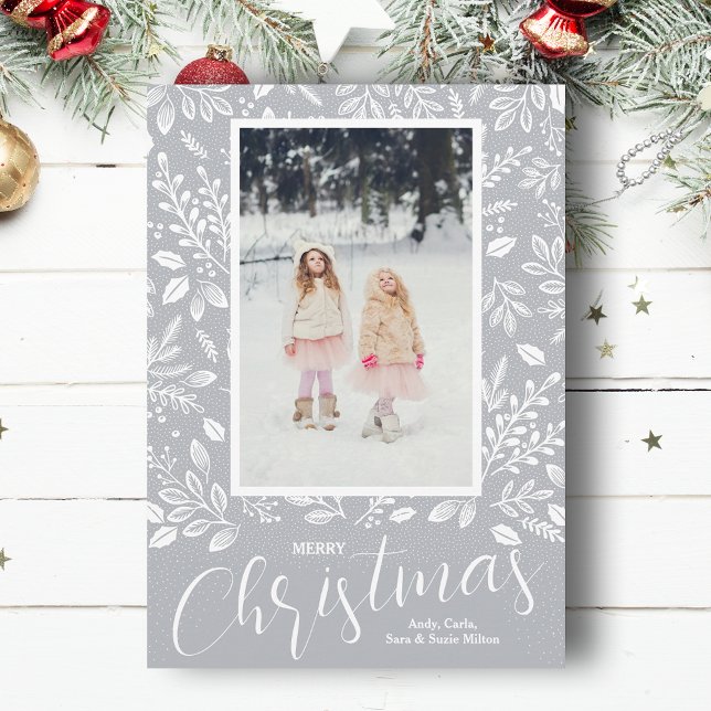 Cartes Pour Fêtes Annuelles Photo White Joyer Christmas Grey (White botanicals on gray Merry Christmas photo holiday cards, PRINTED and/or INSTANT DOWNLOAD)