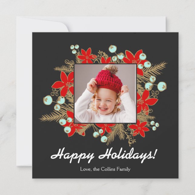 Cartes Pour Fêtes Annuelles Photocard Festive et élégante Poinsettias Rouge (Devant)