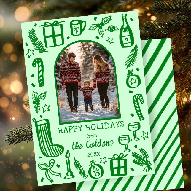 Cartes Pour Fêtes Annuelles Photographie d'arche personnalisée de Noël mignon (Whimsical Christmas Cute Custom Arch PHOTO Green Doodle Sketch Hand-drawn Holiday Card
)