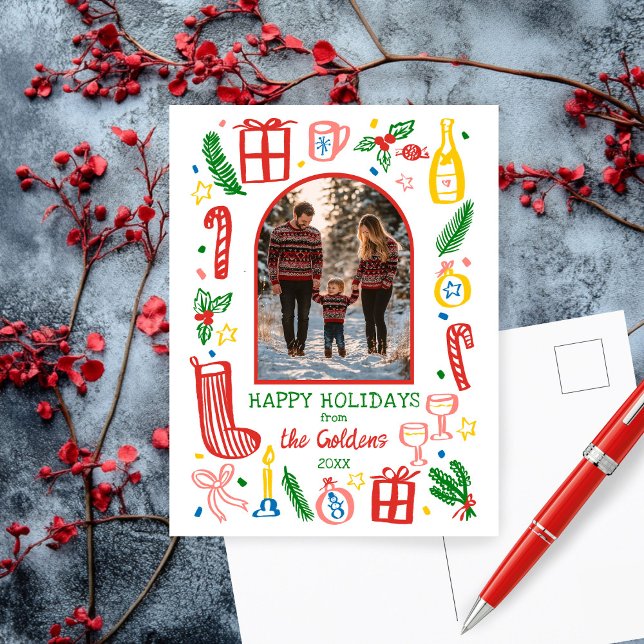 Cartes Pour Fêtes Annuelles Photographie d'arche personnalisée de Noël mignon (Whimsical Doodle Christmas Cute Custom Arch PHOTO Holiday Postcard
)