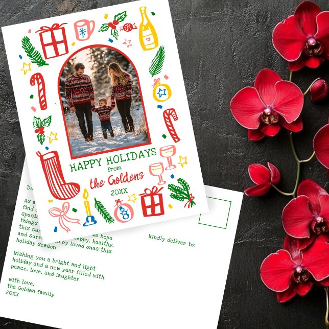 Cartes Pour Fêtes Annuelles Photographie d'arche personnalisée de Noël mignon (Whimsical Doodle Christmas Cute Custom Arch PHOTO Holiday Postcard
)