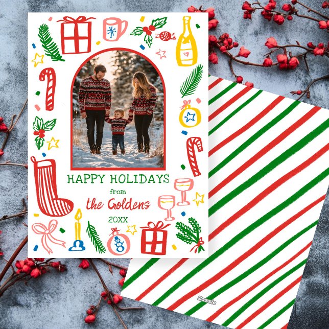 Cartes Pour Fêtes Annuelles Photographie d'arche personnalisée de Noël mignon (Whimsical Christmas Cute Doodle Sketch Custom Arch PHOTO Holiday Card)