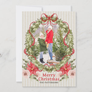 Cartes Pour Fêtes Annuelles Photographie de famille avec nœud de poinsettia à