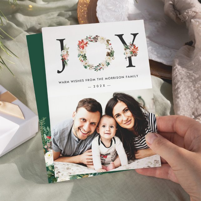 Cartes Pour Fêtes Annuelles Photographie de Noël avec typographie JOY et fleur (Créateur téléchargé)