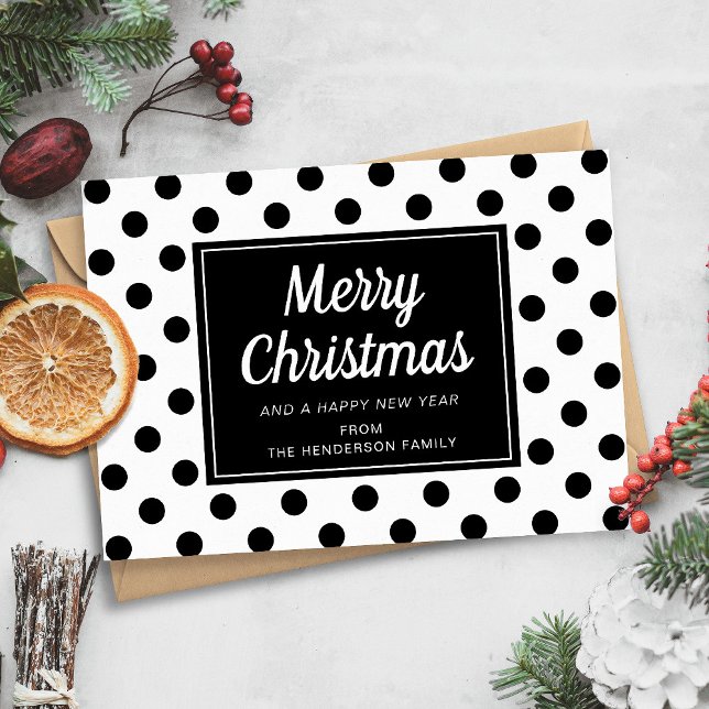 Cartes Pour Fêtes Annuelles Photographie De Noël Des Pois Noirs Et Blancs Mode (Modern Black And White Polka Dots Christmas Photo Holiday Card)