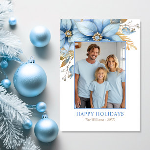 Cartes Pour Fêtes Annuelles Photographie de Noël Icy Blue Gold Poinsettia Flow