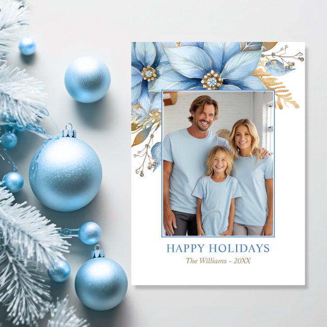 Cartes Pour Fêtes Annuelles Photographie de Noël Icy Blue Gold Poinsettia Flow (Icy Blue Gold Poinsettia Flower Christmas PHOTO Holiday Card)