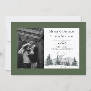 Cartes Pour Fêtes Annuelles Photographie de Renne d'Hiver à l'Aquarelle Vert