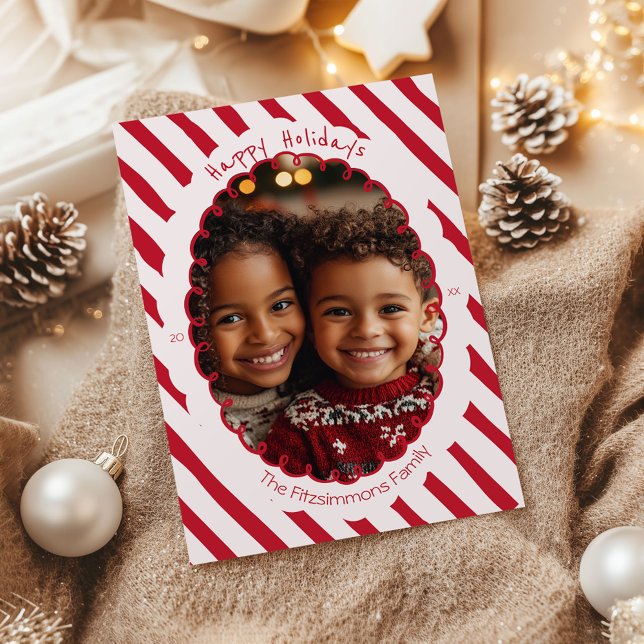 Cartes Pour Fêtes Annuelles Photographie de vacances en blanc rose et rouge (Hand Drawn Candy Cane Striped Photo card)