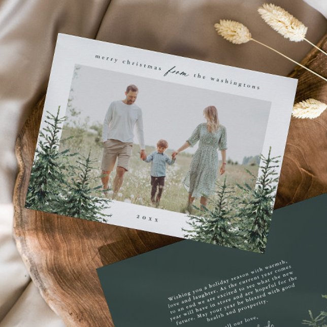 Cartes Pour Fêtes Annuelles Photographie élégante peinte à la main d'arbre de  (Elegant Rustic Hand Painted Pine Tree Green Photo Christmas Holiday Cards.)