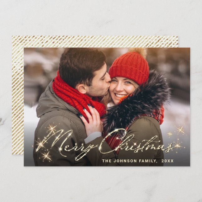Cartes Pour Fêtes Annuelles Photographie moderne de Noël doré (Devant / Derrière)
