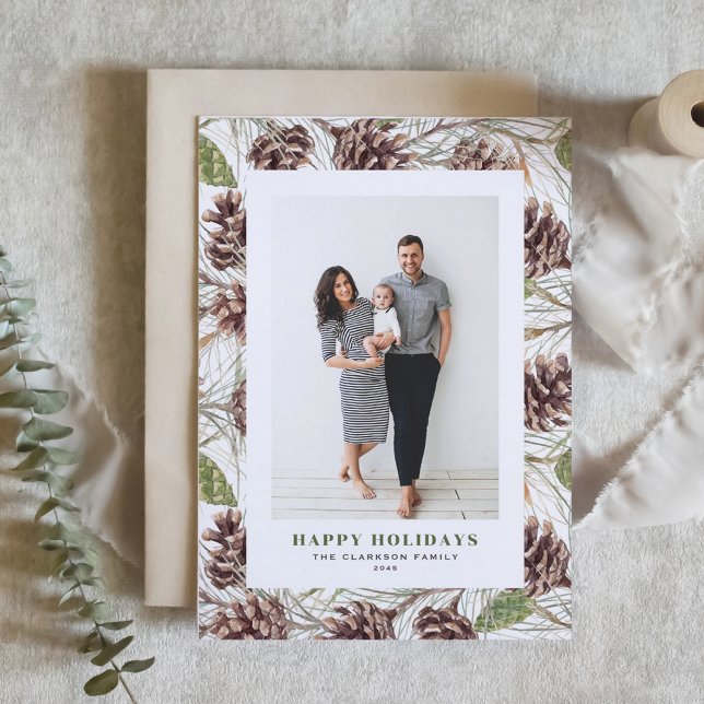 Cartes Pour Fêtes Annuelles Photographie Motif de l'aquarelle Pinecones (Customizable Photo Holiday Card with Watercolor Pine Cones Pattern)