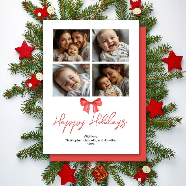 Cartes Pour Fêtes Annuelles Photos de famille au ruban rouge aquarelle minimal (Créateur téléchargé)