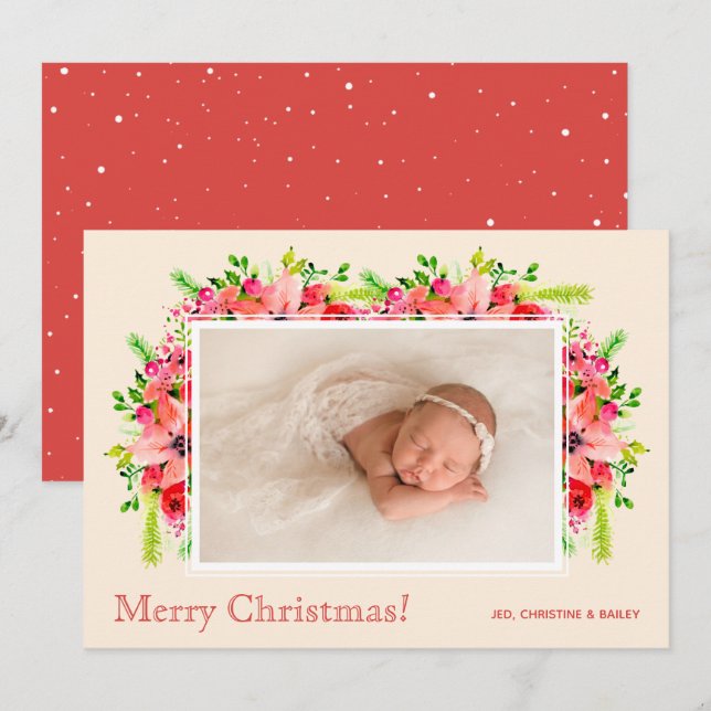Cartes Pour Fêtes Annuelles Photos de Noël Poinsettias Annonces de naissance (Devant / Derrière)